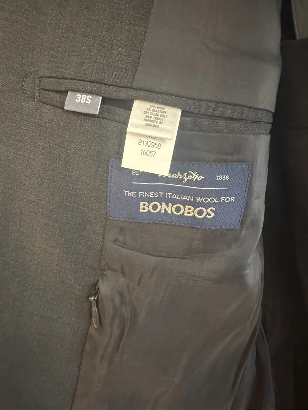 BONOBOS Jetsetter Slim Fit Stretch Italian Wool Suit 38S / 31 Dark Charcoal Gray
